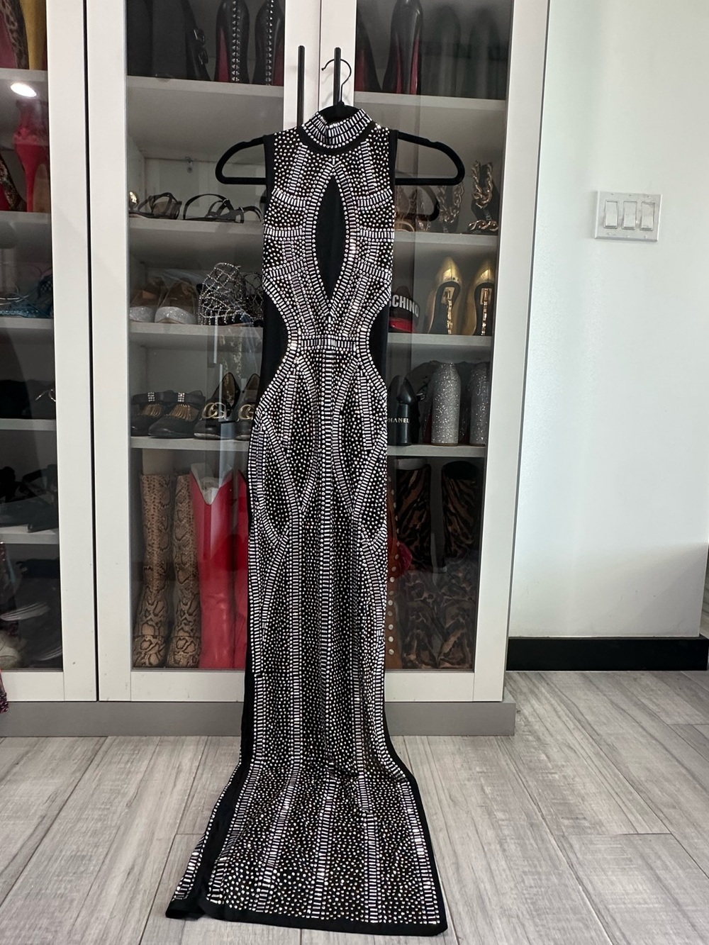 New Banjul Black Embellished Halter Evening Gown Bodycon Dress Sz Small Cocktail - Picture 4 of 11